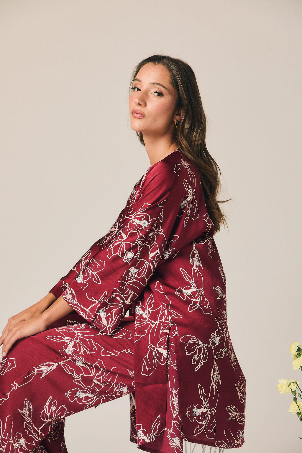Kimono fluido estampado floral vino