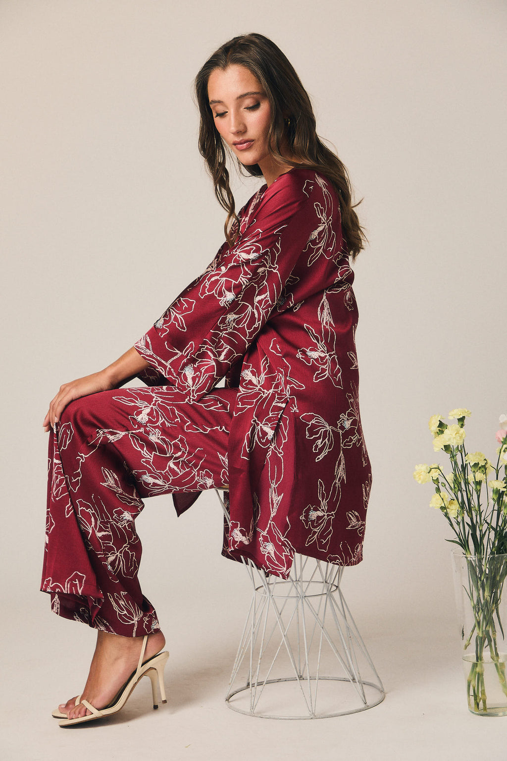 Kimono fluido estampado floral vino