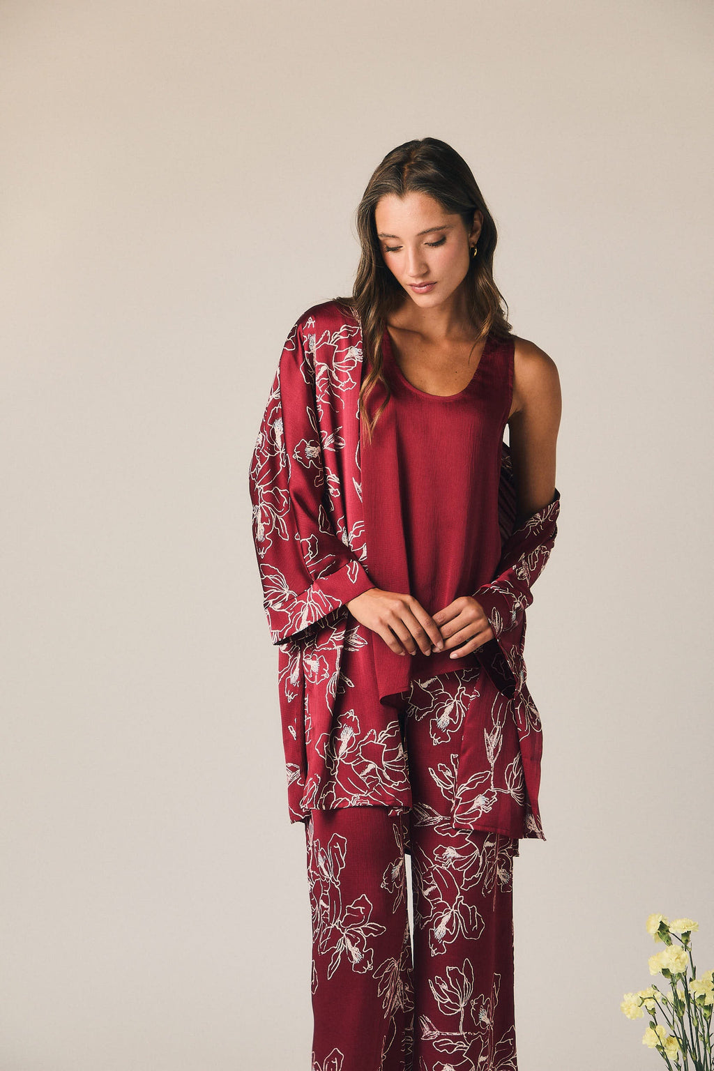 Kimono fluido estampado floral vino