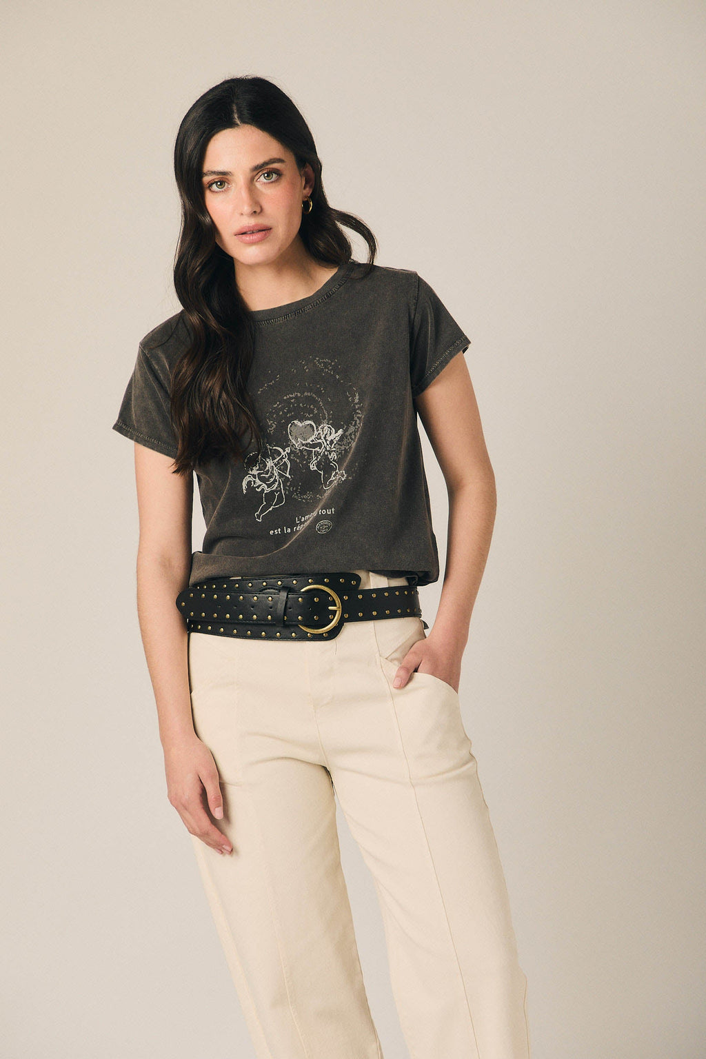 Camiseta algodón ángeles efecto lavado gris