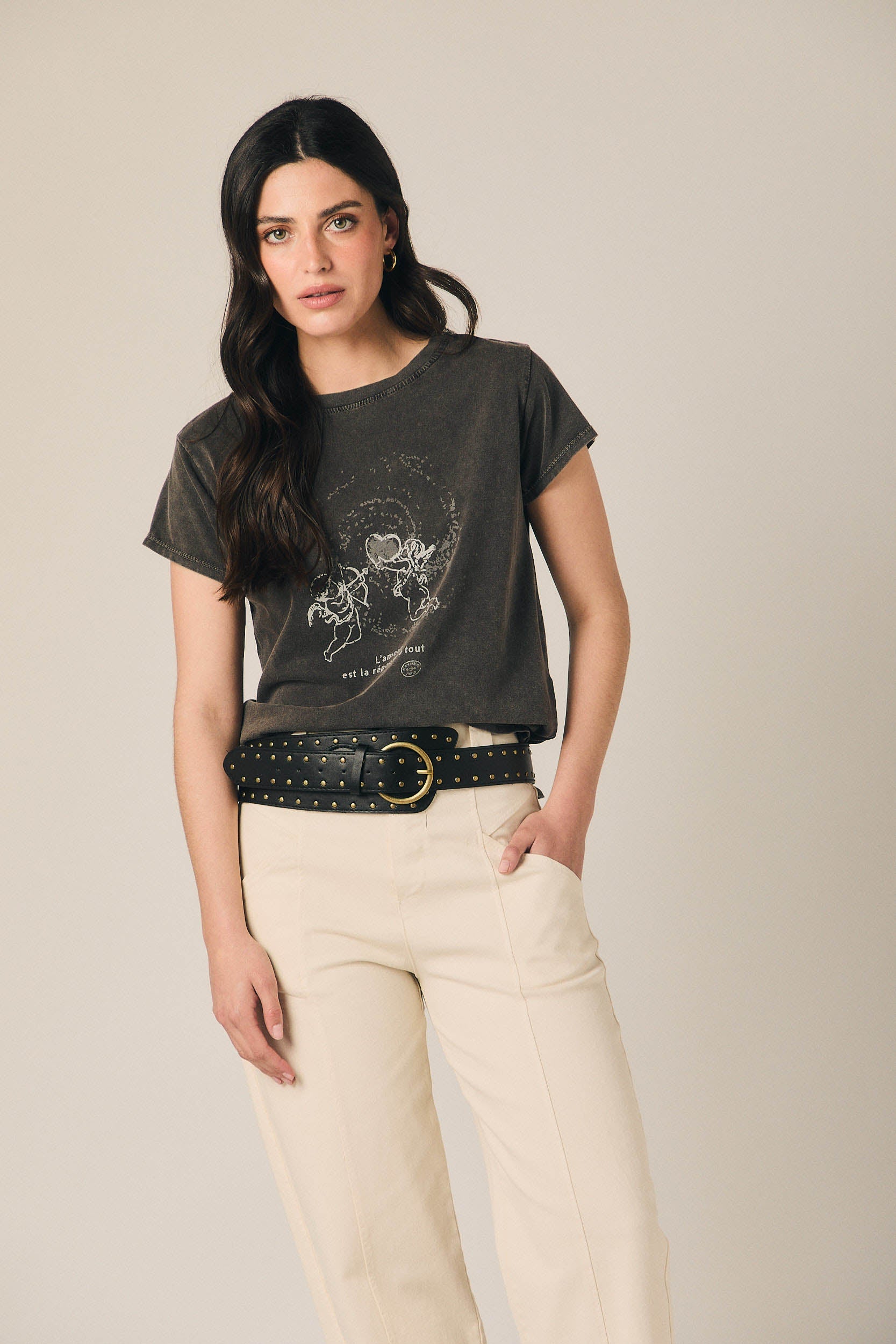 Camiseta algodón ángeles efecto lavado gris