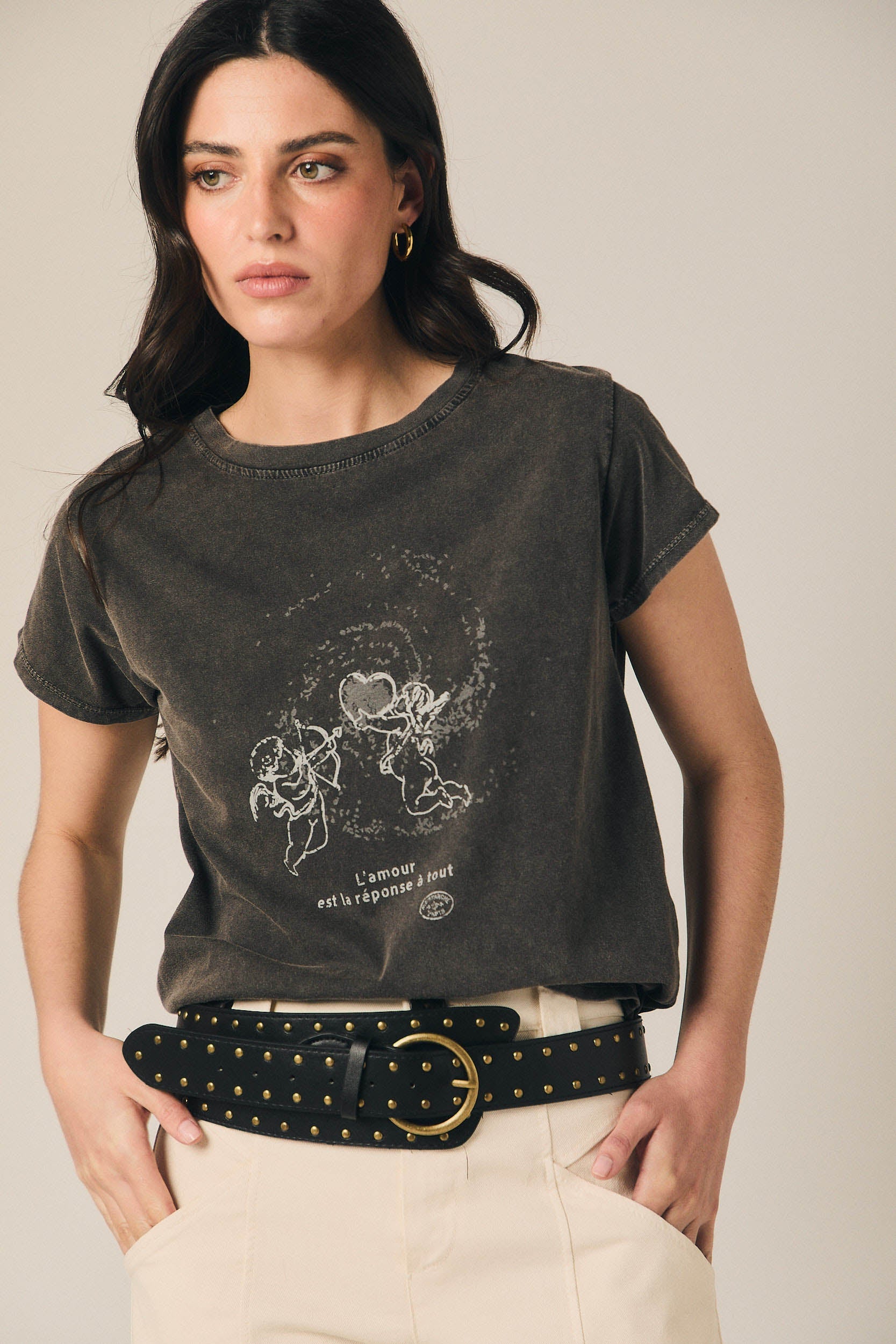 Camiseta algodón ángeles efecto lavado gris