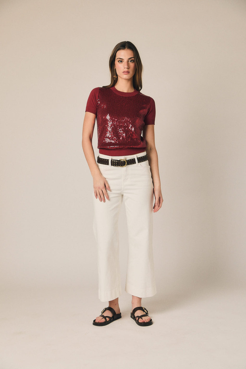 Camiseta de punto con lentejuelas burdeos