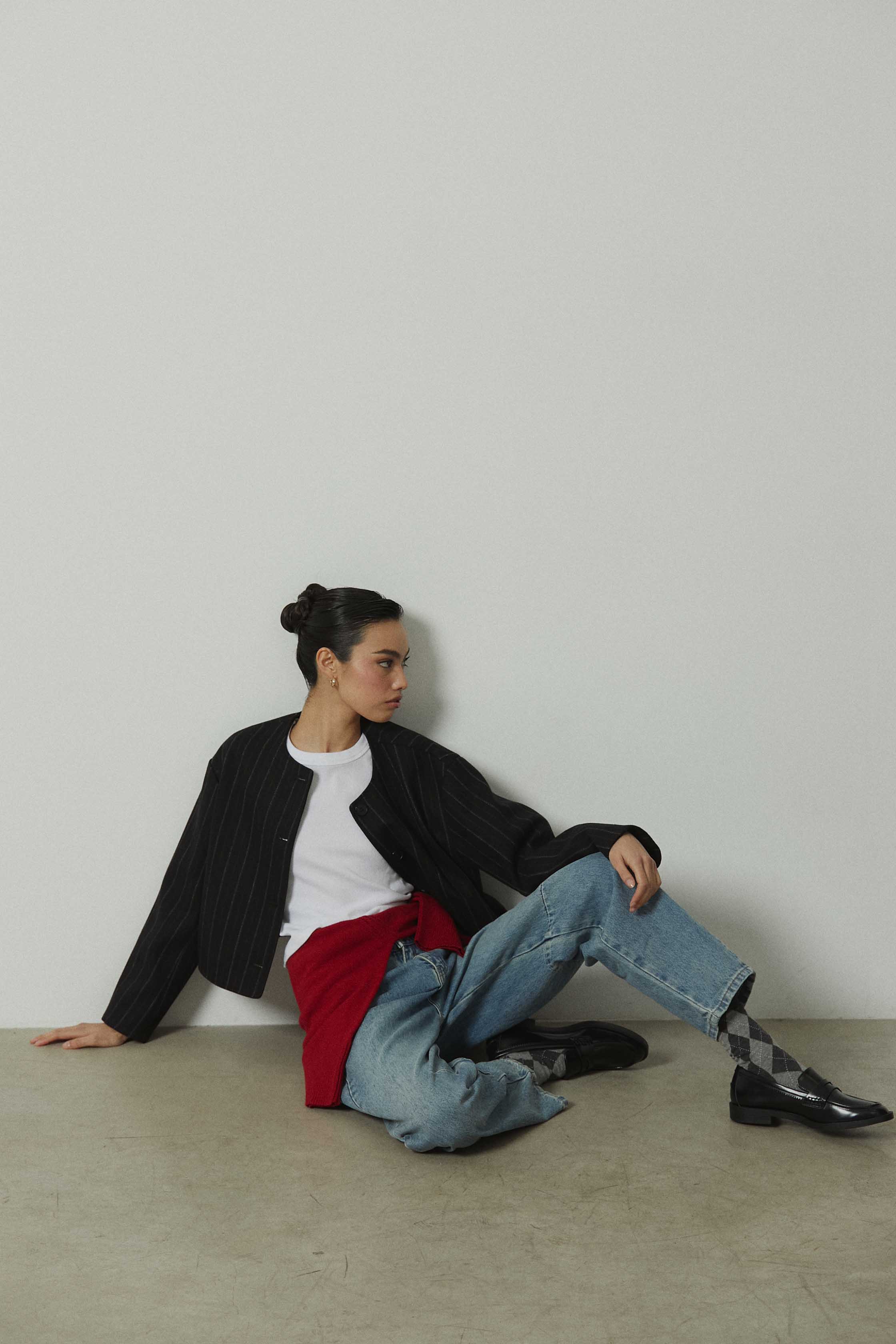 Chaqueta de paño rayas botones gris