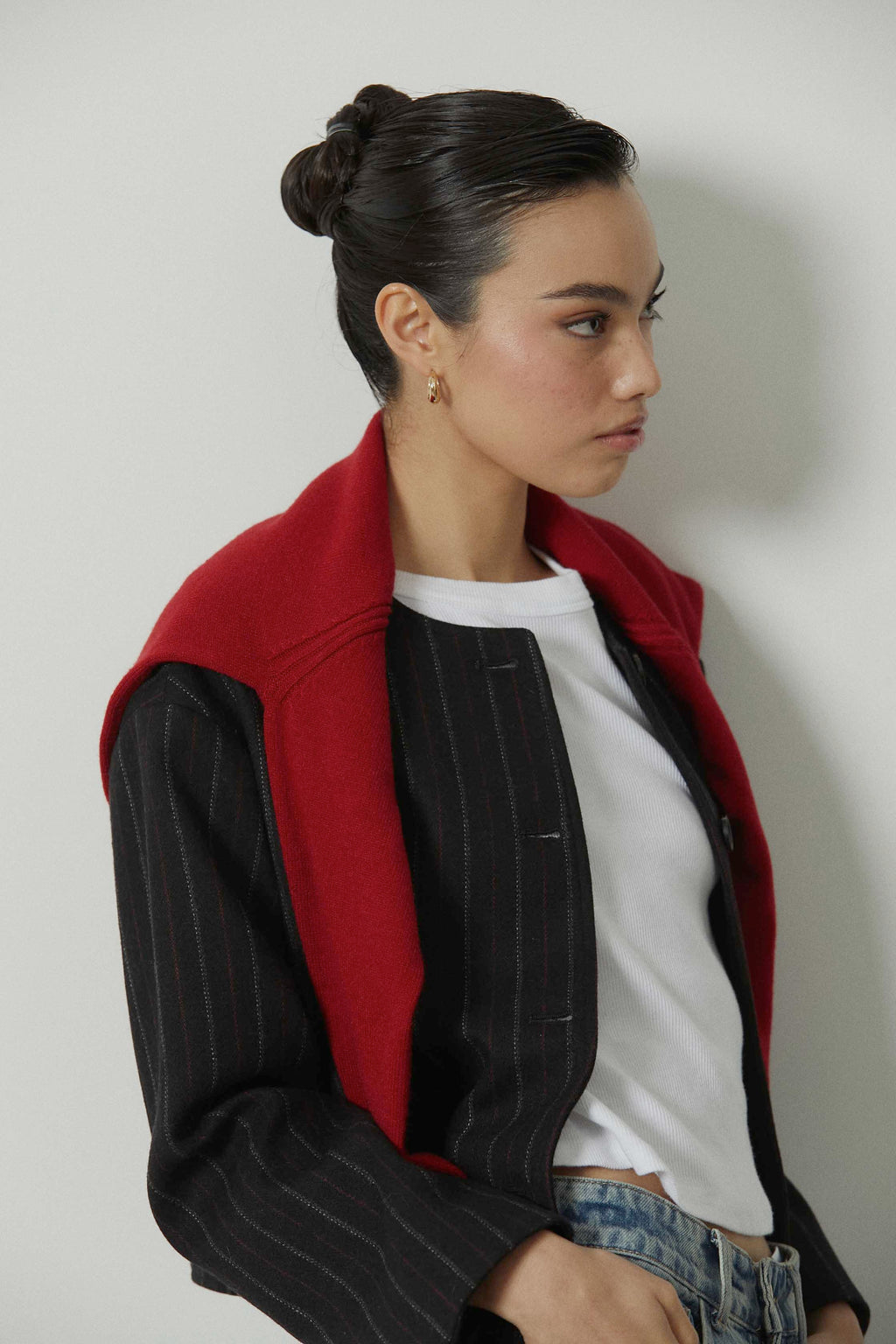 Chaqueta de paño rayas botones gris
