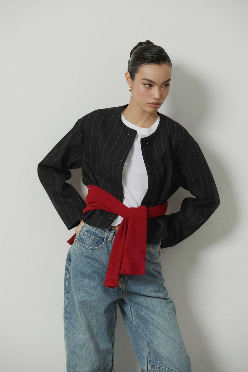 Chaqueta de paño rayas botones gris