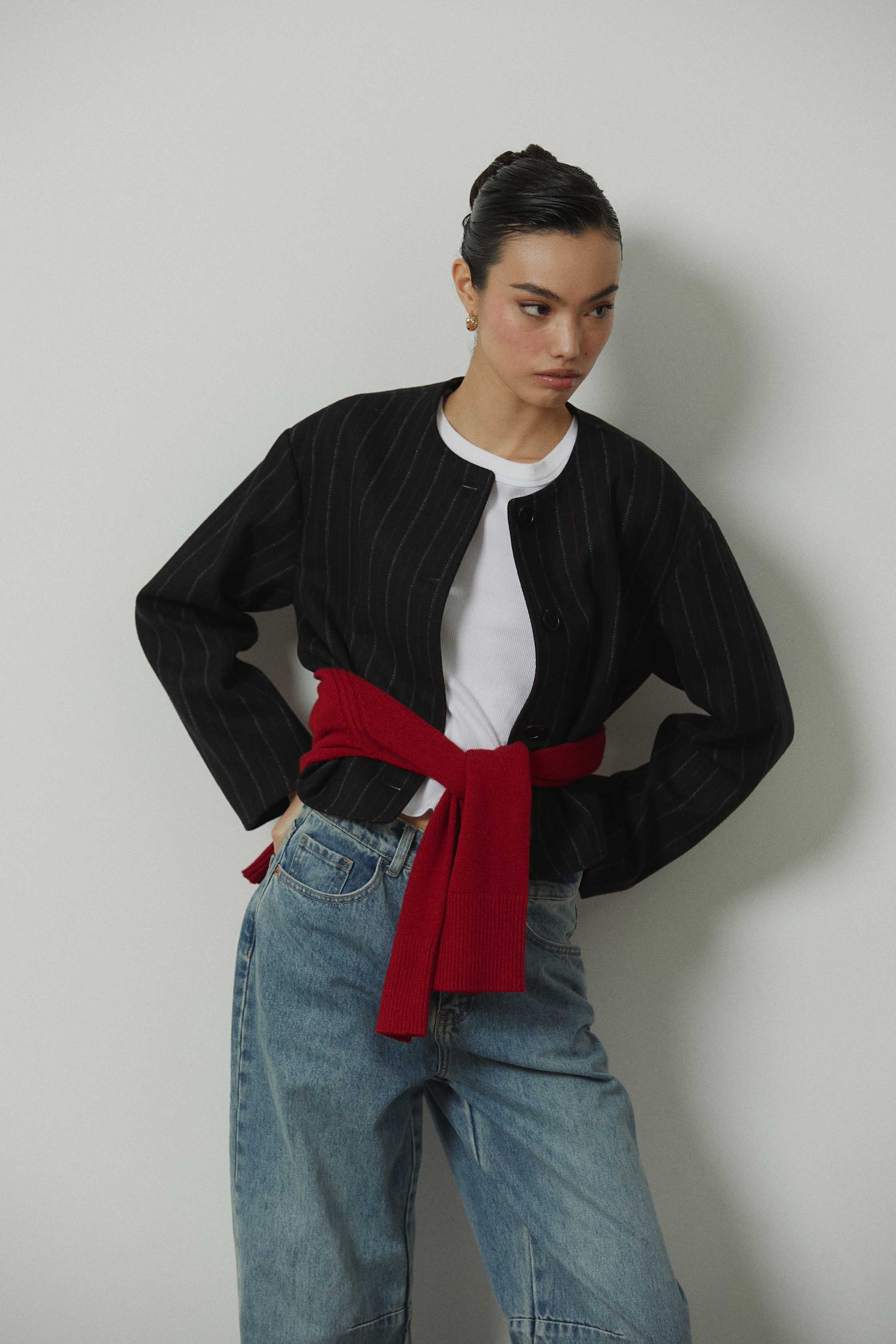 Chaqueta de paño rayas botones gris