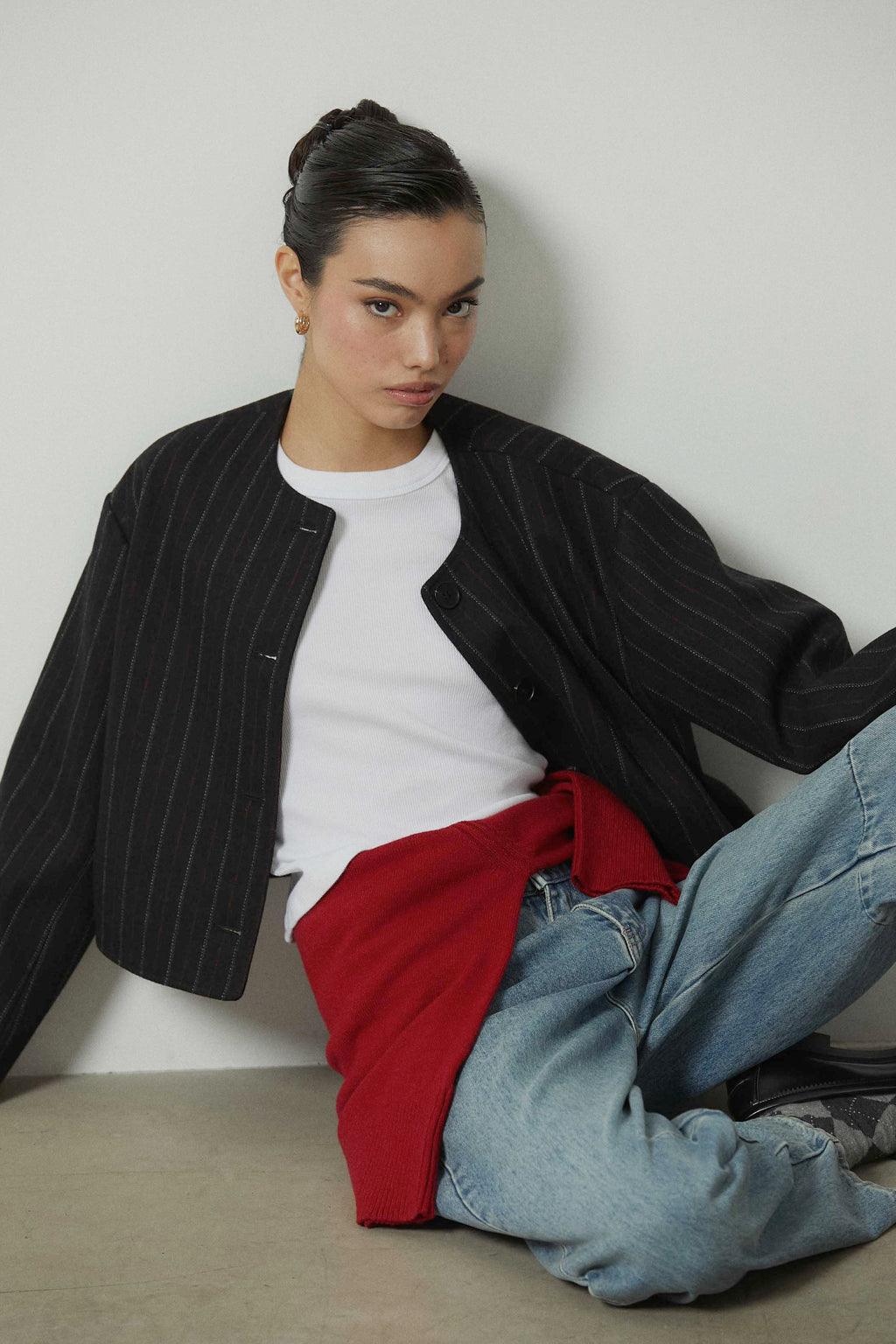 Chaqueta de paño rayas botones gris