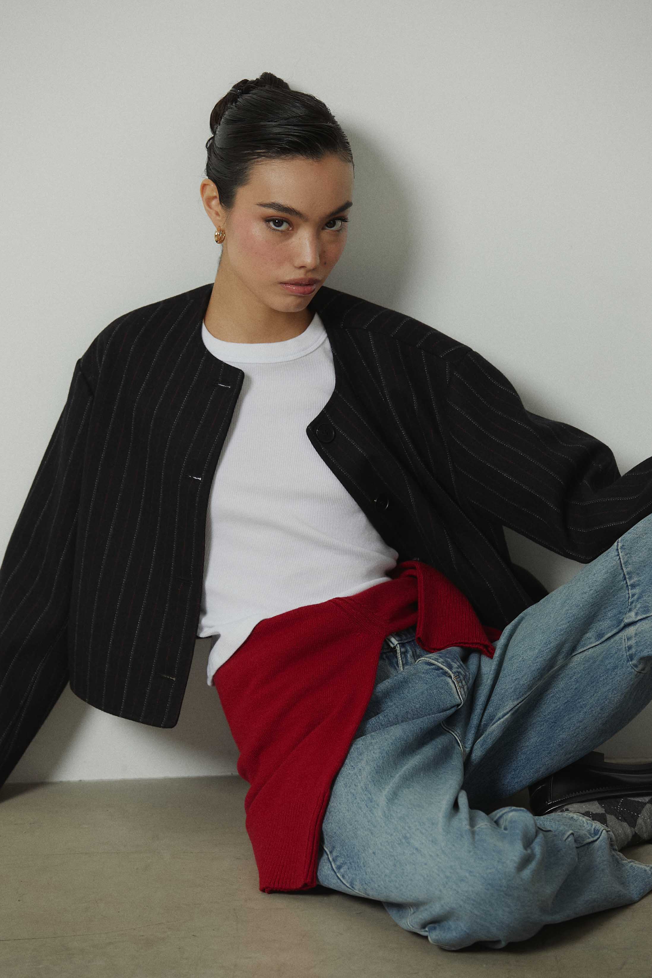 Chaqueta de paño rayas botones gris