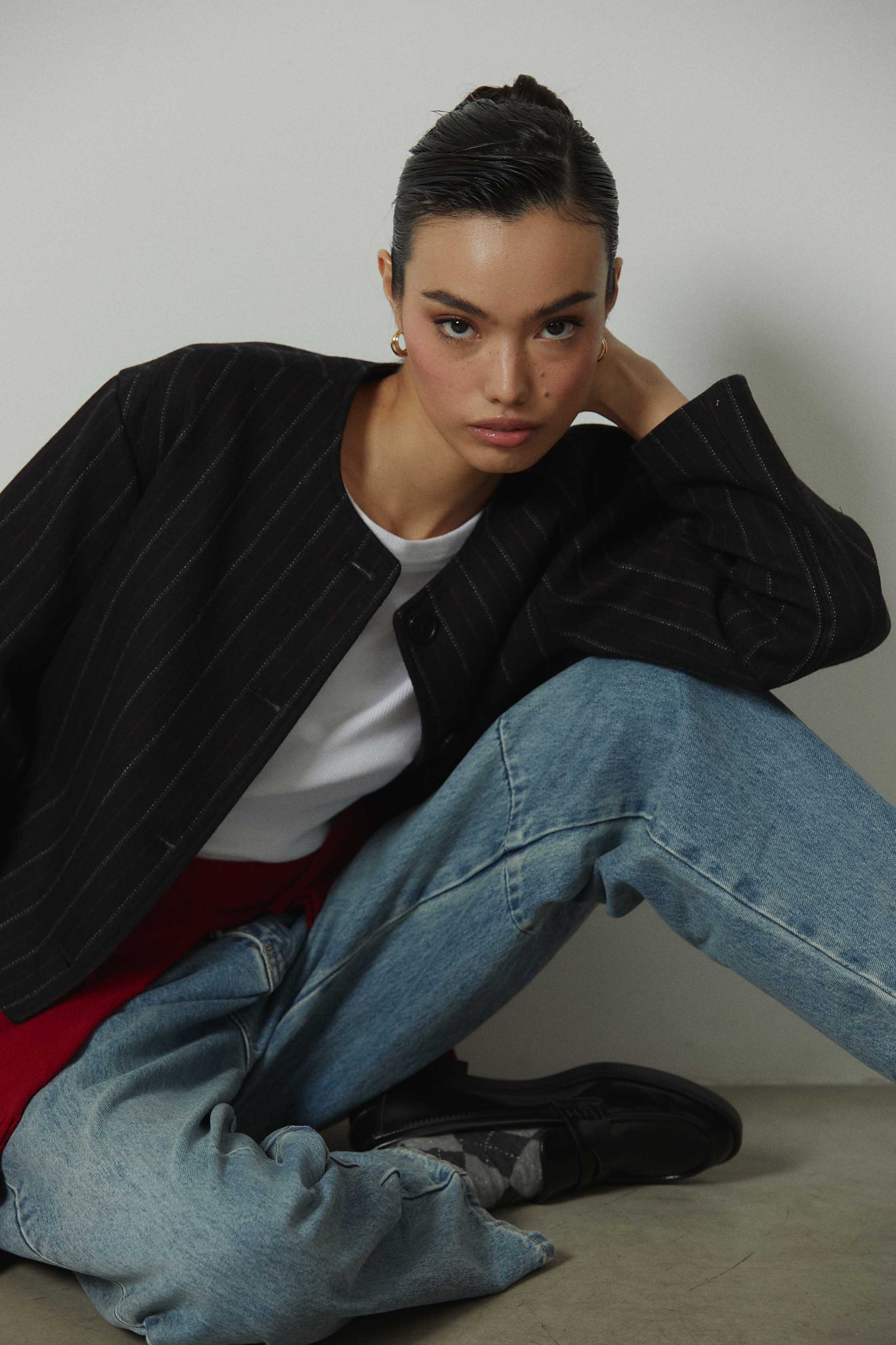 Chaqueta de paño rayas botones gris