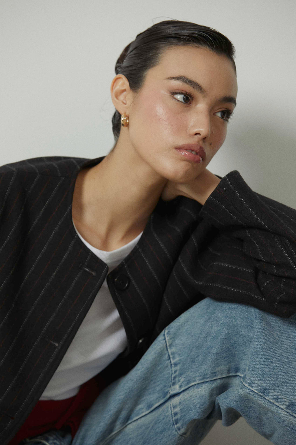 Chaqueta de paño rayas botones gris