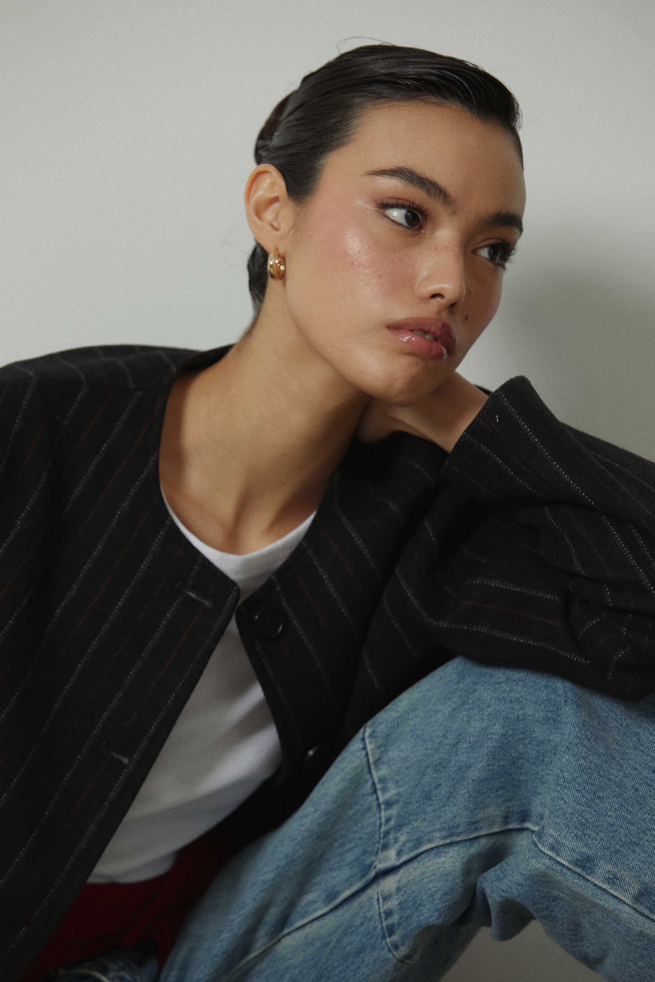 Chaqueta de paño rayas botones gris