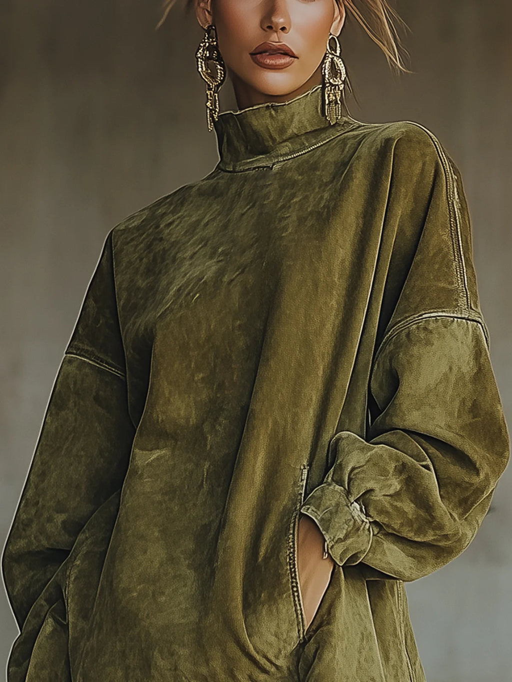 Amalia - Vestido de ante con cuello alto y flecos