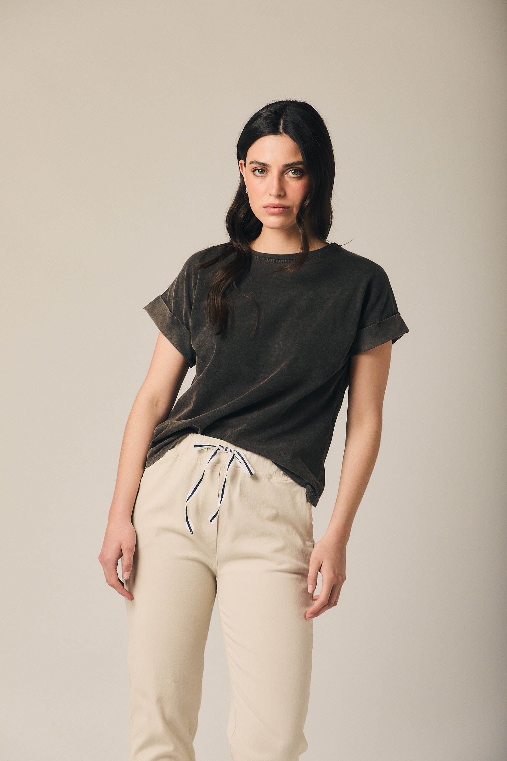 Pantalón algodón con cordón beige