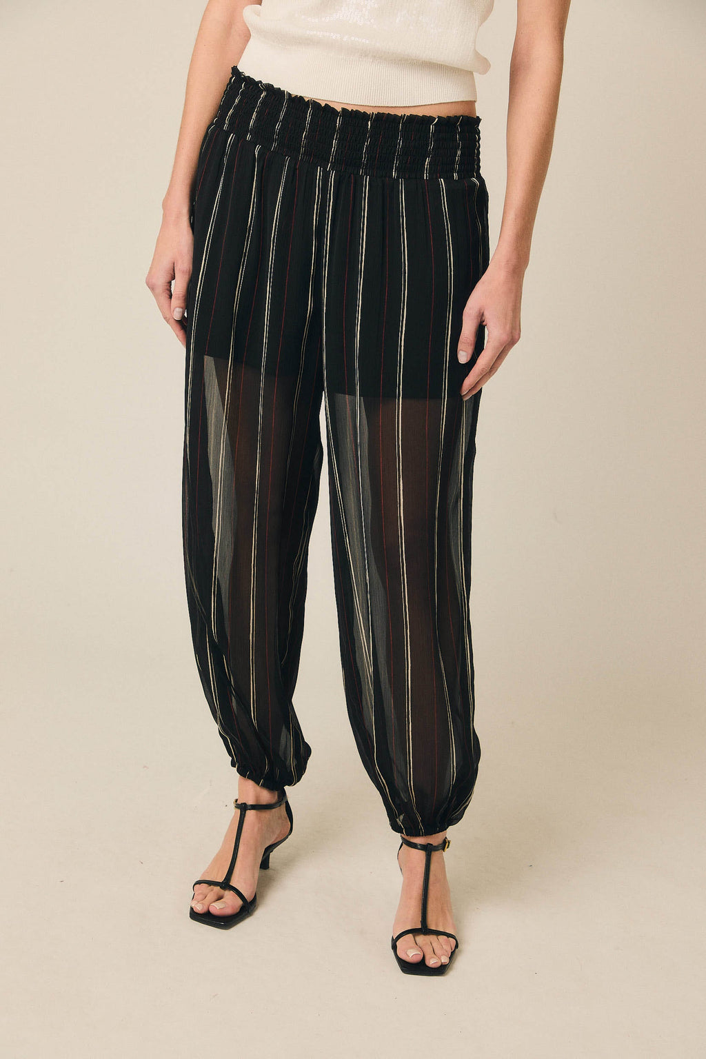 Pantalón bombacho gasa rayas negro