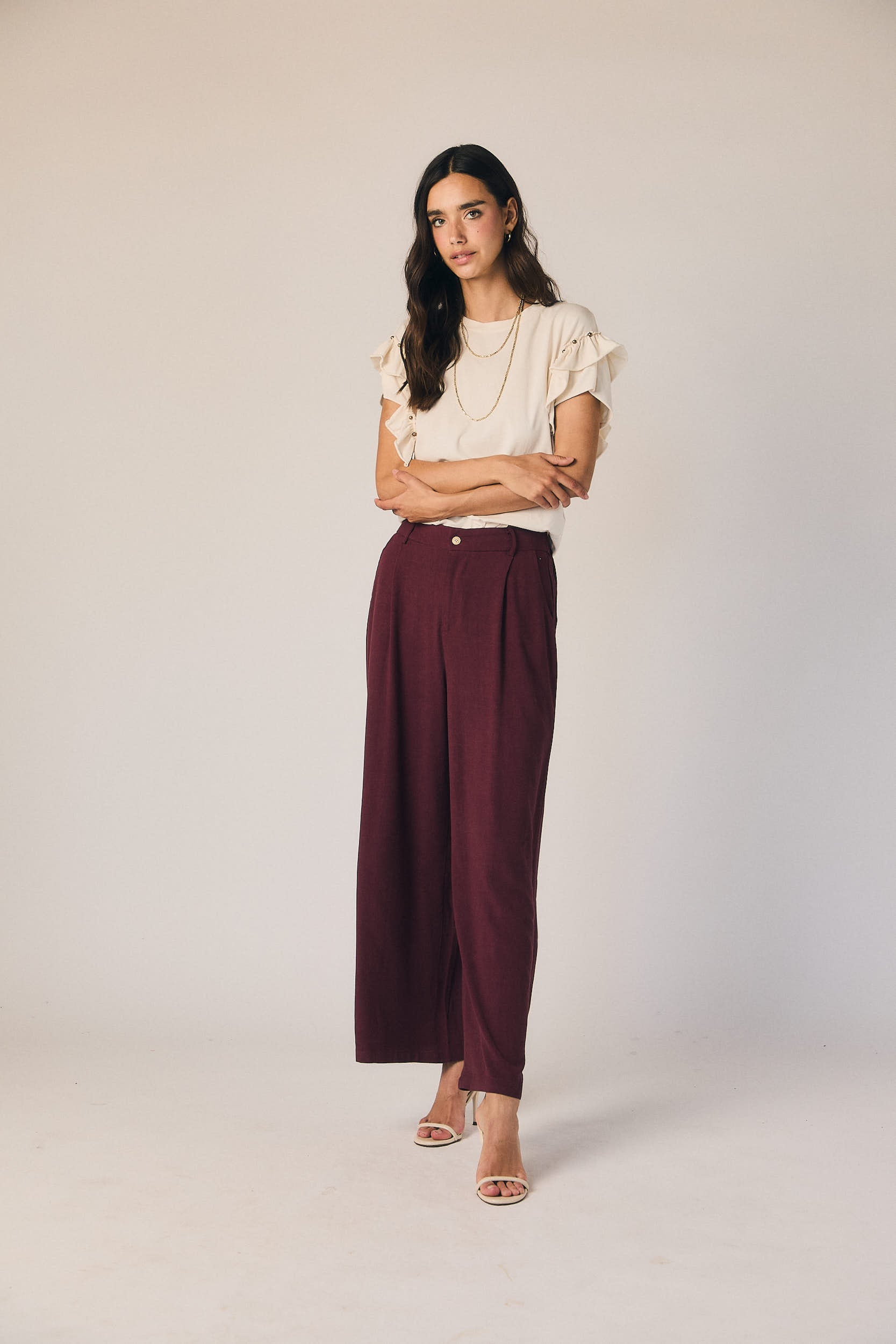Pantalón pinzas recto granate