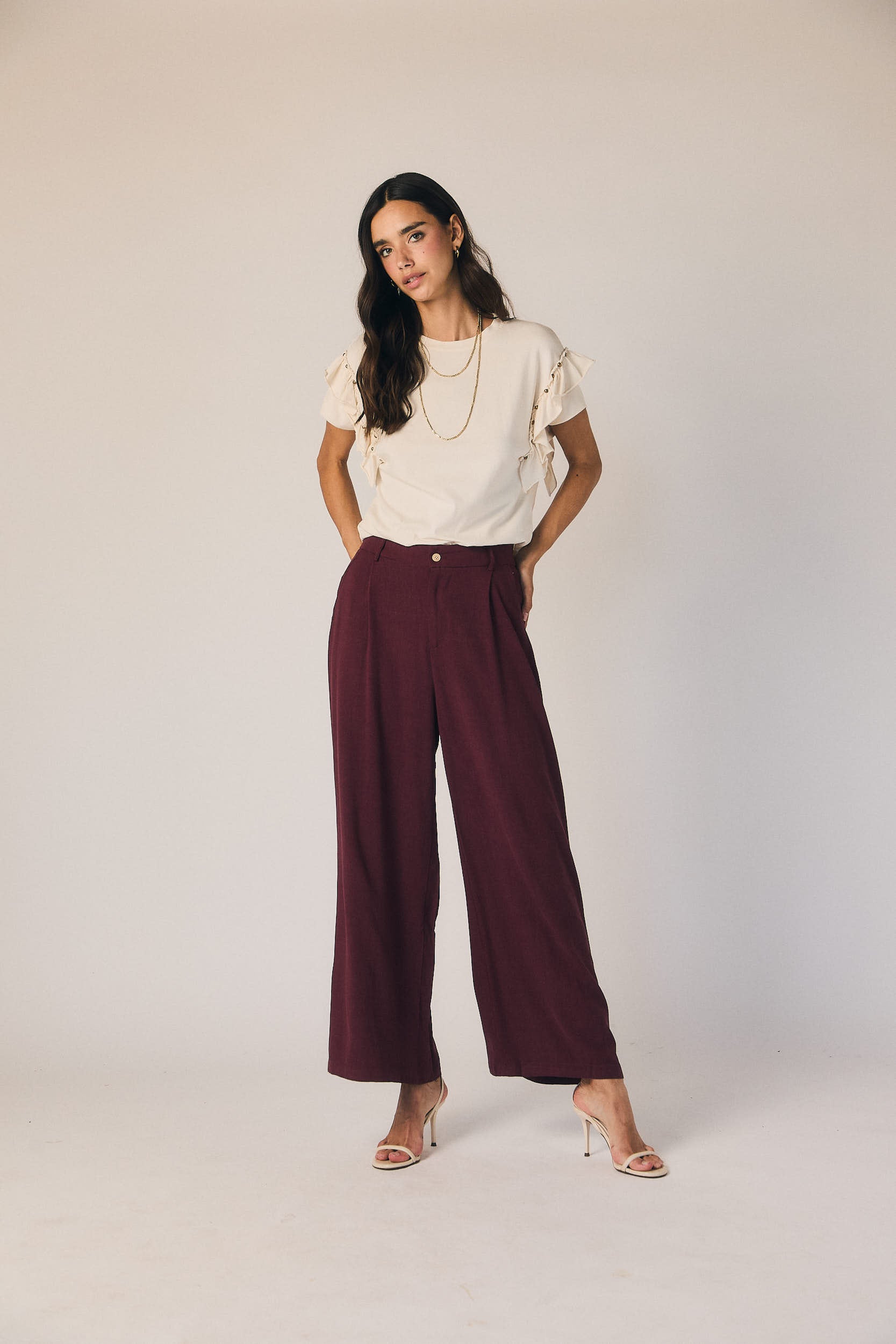 Pantalón pinzas recto granate