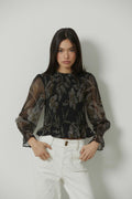 Top tul nido de abeja maxi estampado floral negro