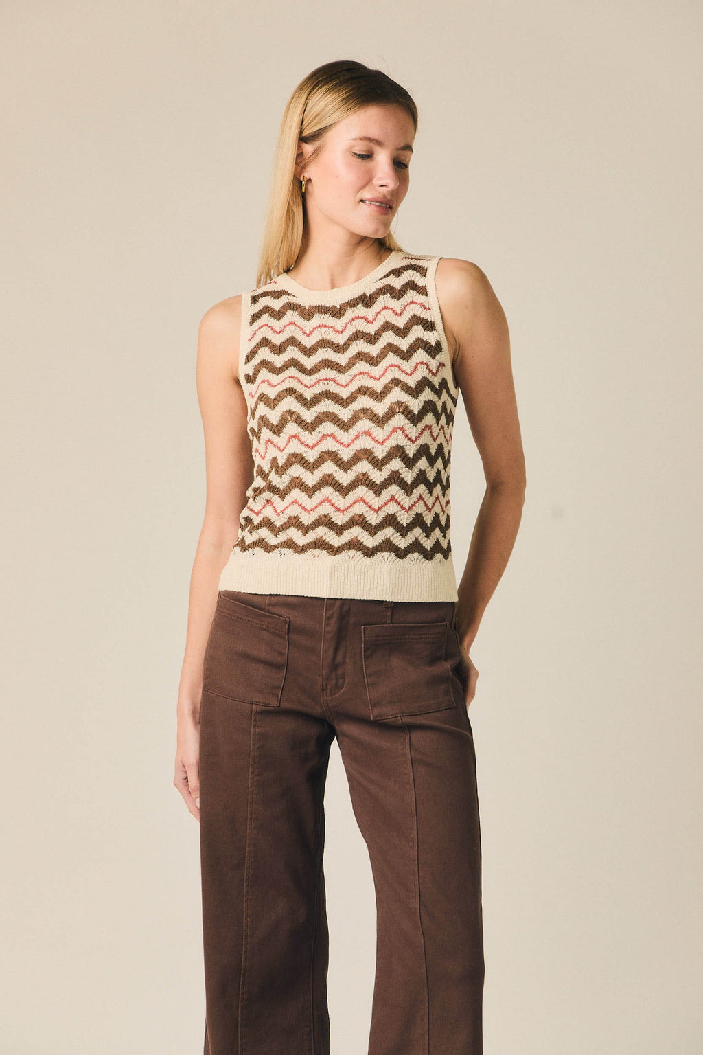 Top de punto sin mangas zig zag pepe rosa
