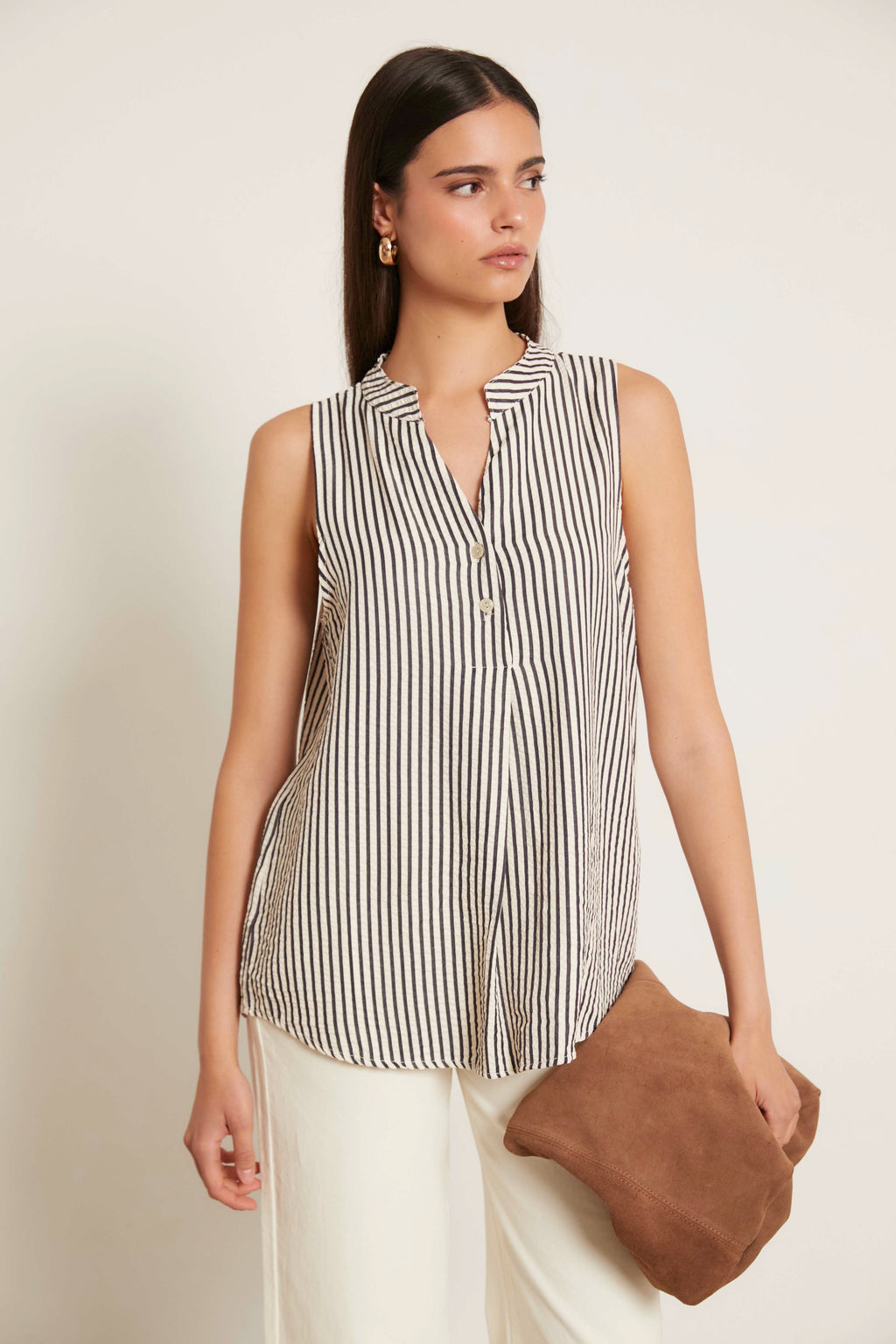 Top seersucker rayas sin mangas blanco
