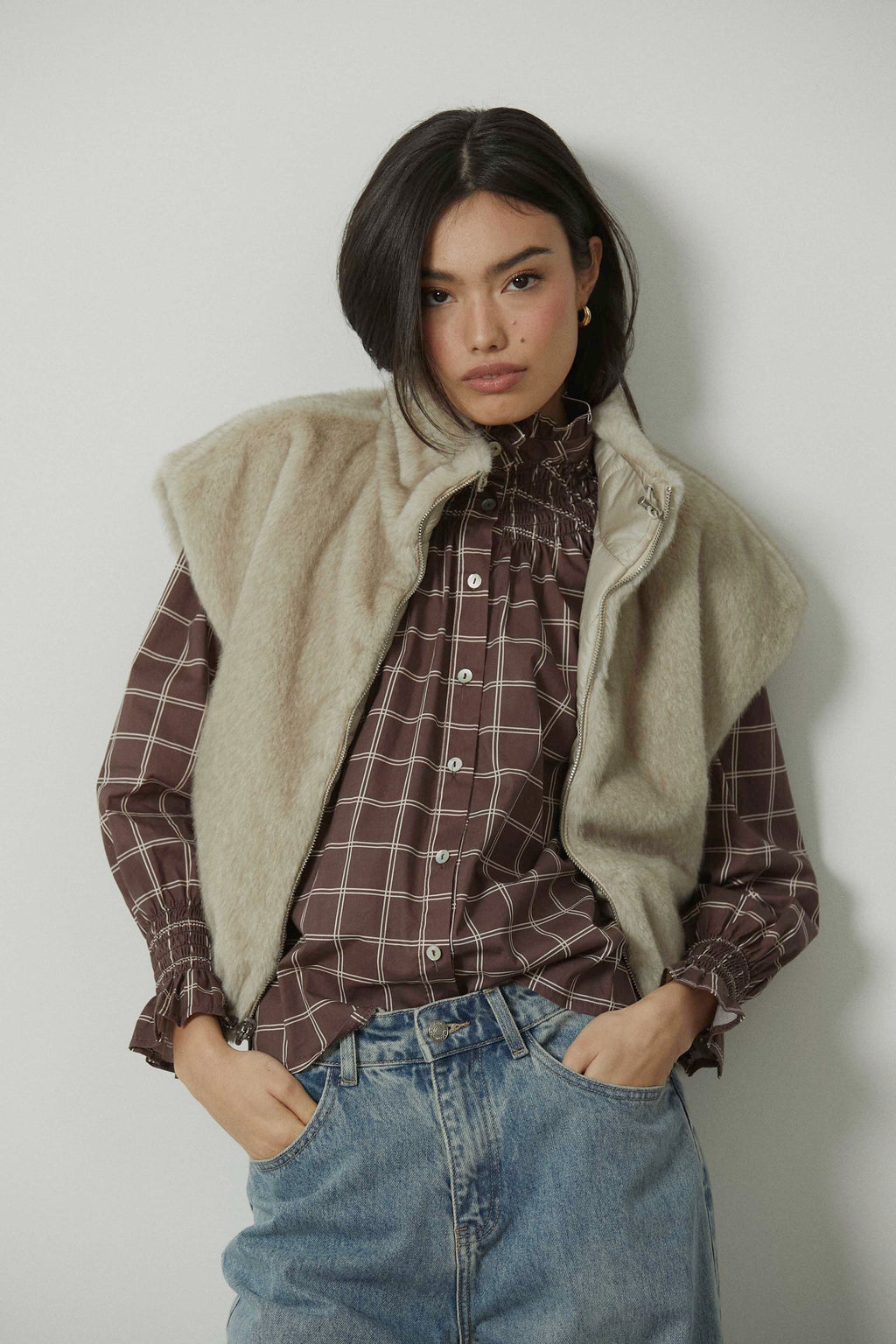 Chaleco reversible pelo acolchado beige