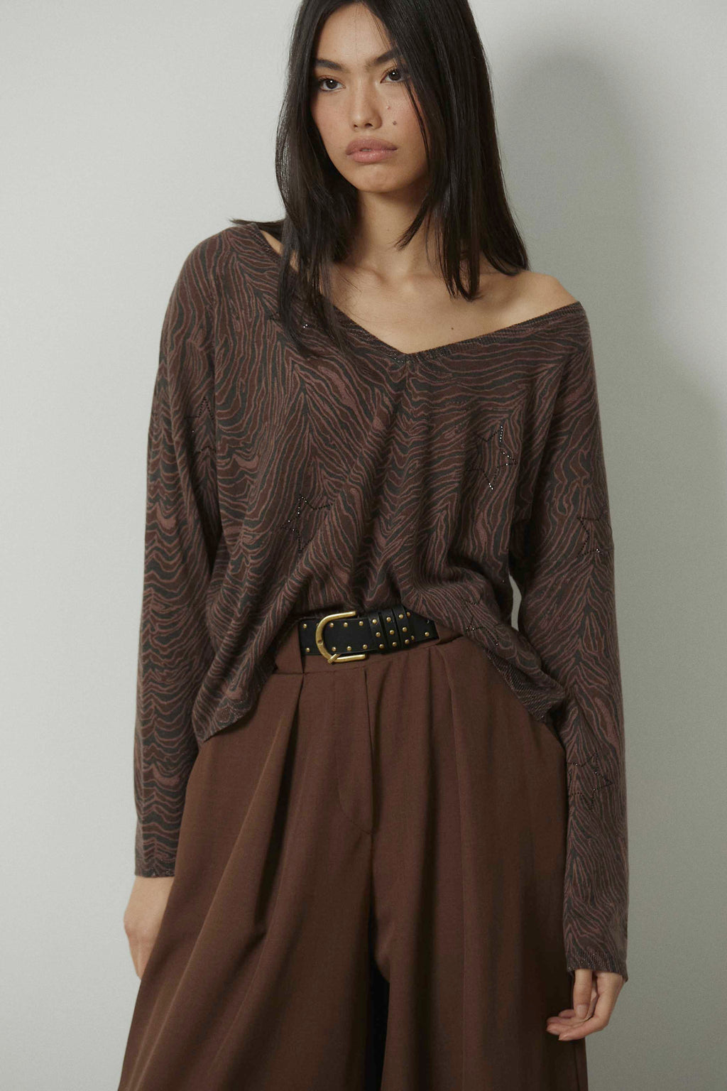 Pantalón recto ancho cropped marrón