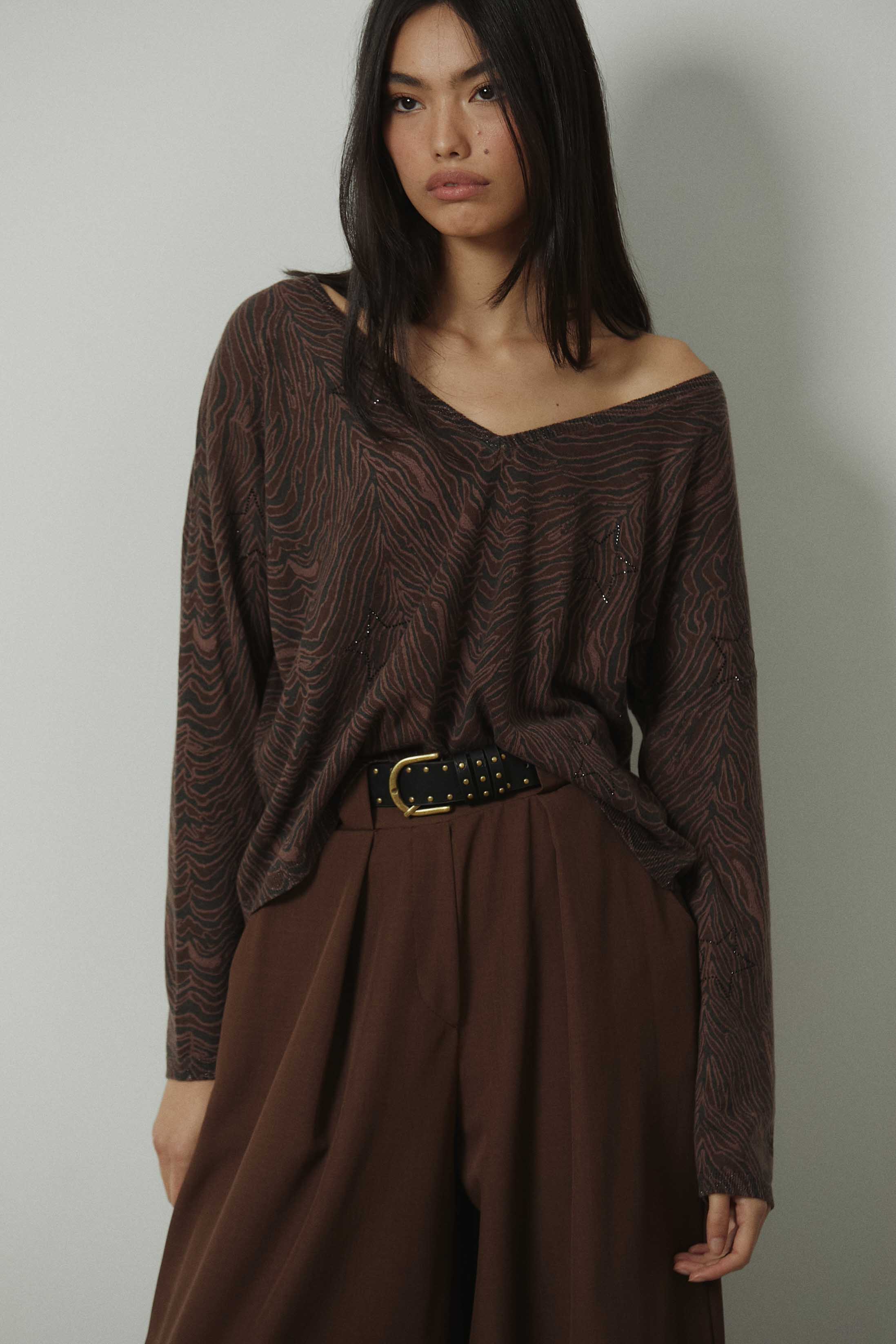 Pantalón recto ancho cropped marrón